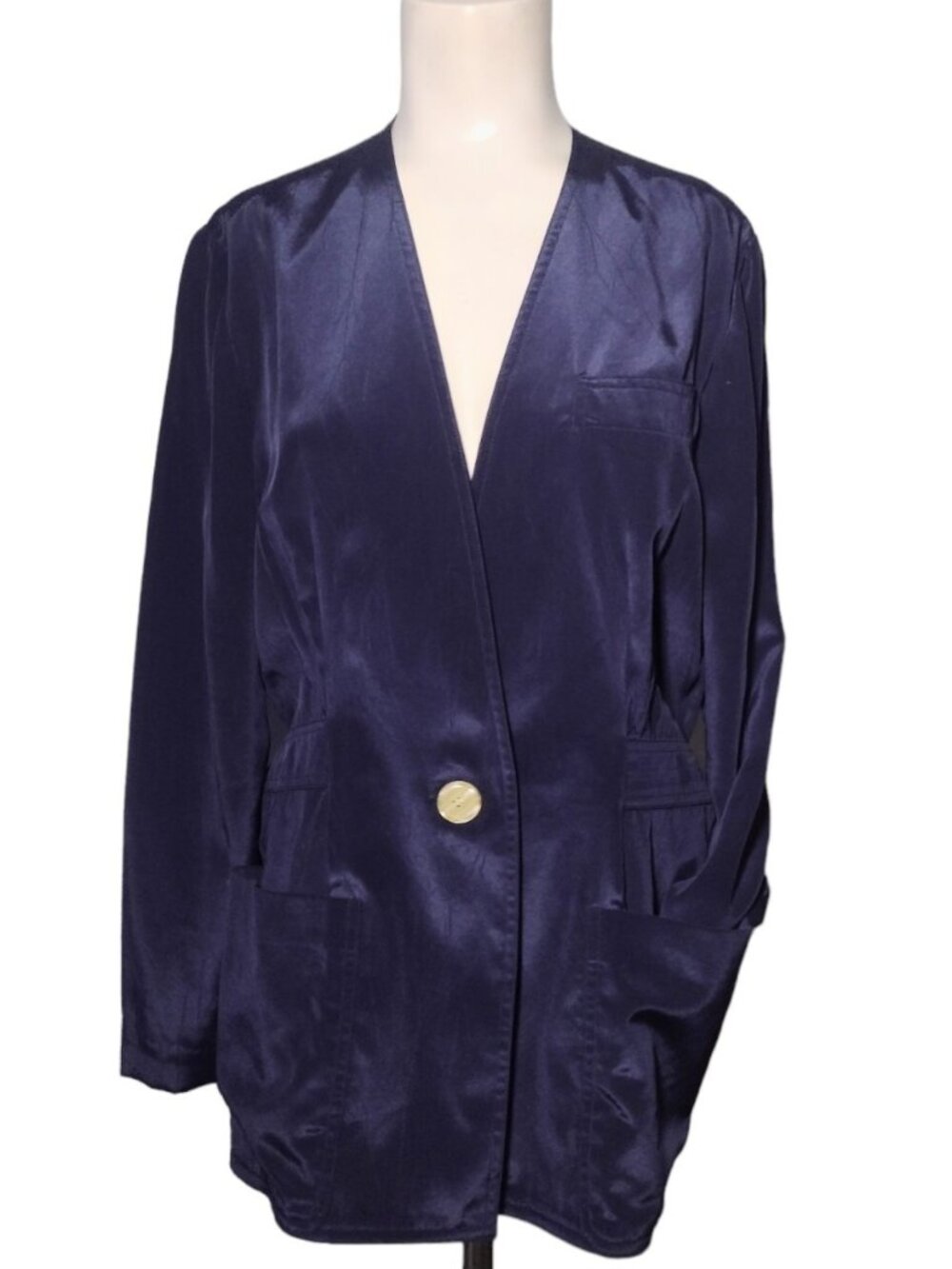 Vintage Leslie Fay Blazer Jacket 14P Blue Sheen Preppy Lightweight Blue Pockets